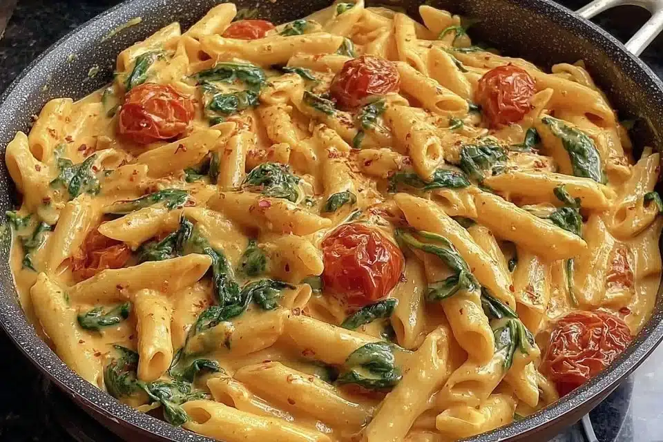 One-Pot Spinach Tomato Pasta 4 One-pot spinach tomato pasta with fresh ingredients ready to serve.