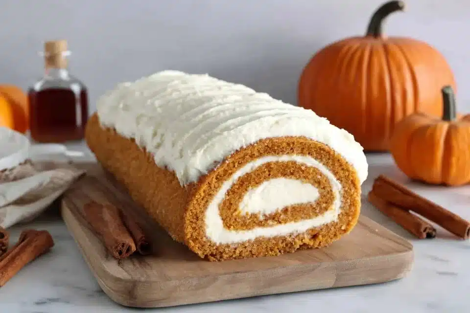 Pumpkin Spice Roll Cake 4 Delicious Pumpkin Spice Roll Cake topped with cream and spices