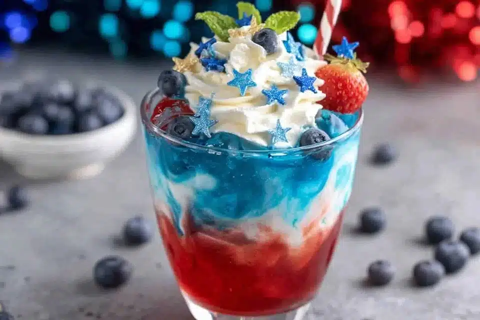 Effortlessly Refreshing: The Easy Red, White & Blue Sparkling Drink 4 Red, White & Blue Sparkling Drink in festive glasses with fruit garnishes