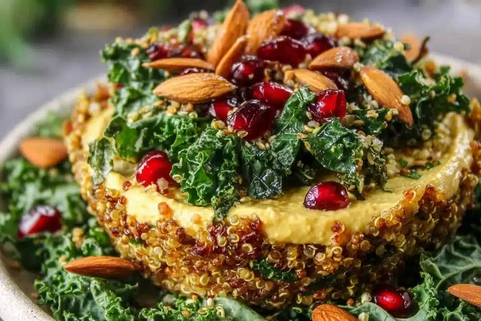 Roasted Brussels Sprouts Salad with kale, curry, and quinoa in a bowl