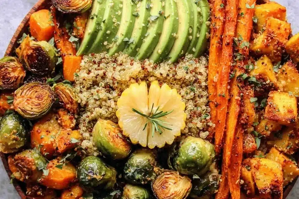 Roasted Veggie Quinoa Power Bowls with Maple Chipotle Sauce 4 Roasted veggie quinoa power bowls topped with maple chipotle sauce.