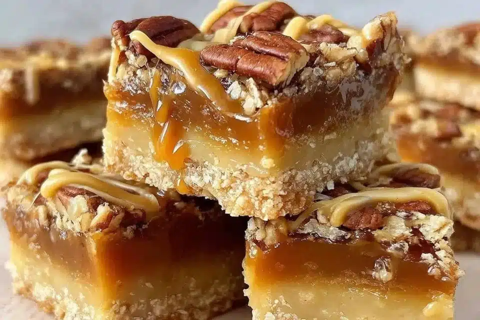 Delicious salted caramel apple pie bars with oat crumble topping on a plate