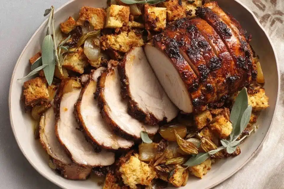 Savory apple sausage stuffing dish served in a bowl