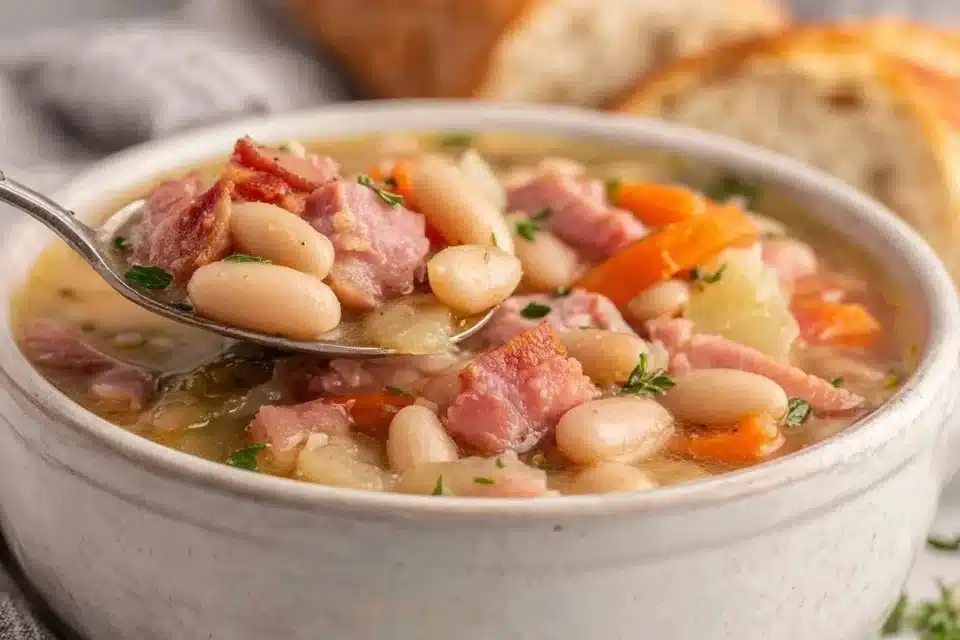 The Ultimate Slow Cooker White Bean and Ham Soup Recipe 4 Slow cooker white bean and ham soup in a bowl garnished with herbs