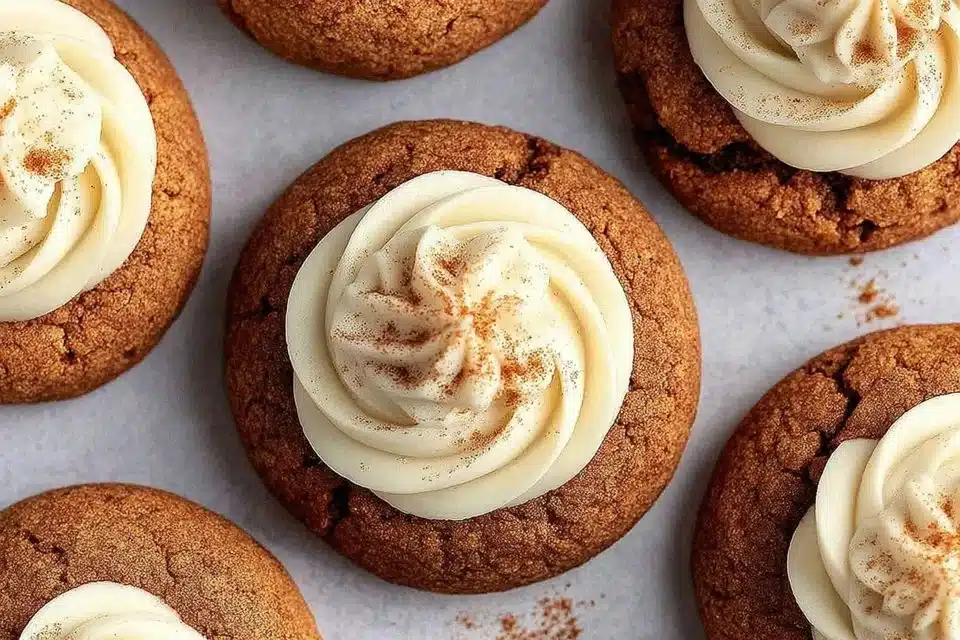 Soft Pumpkin Cheesecake Cookies 4 Soft pumpkin cheesecake cookies with creamy frosting on a wooden table