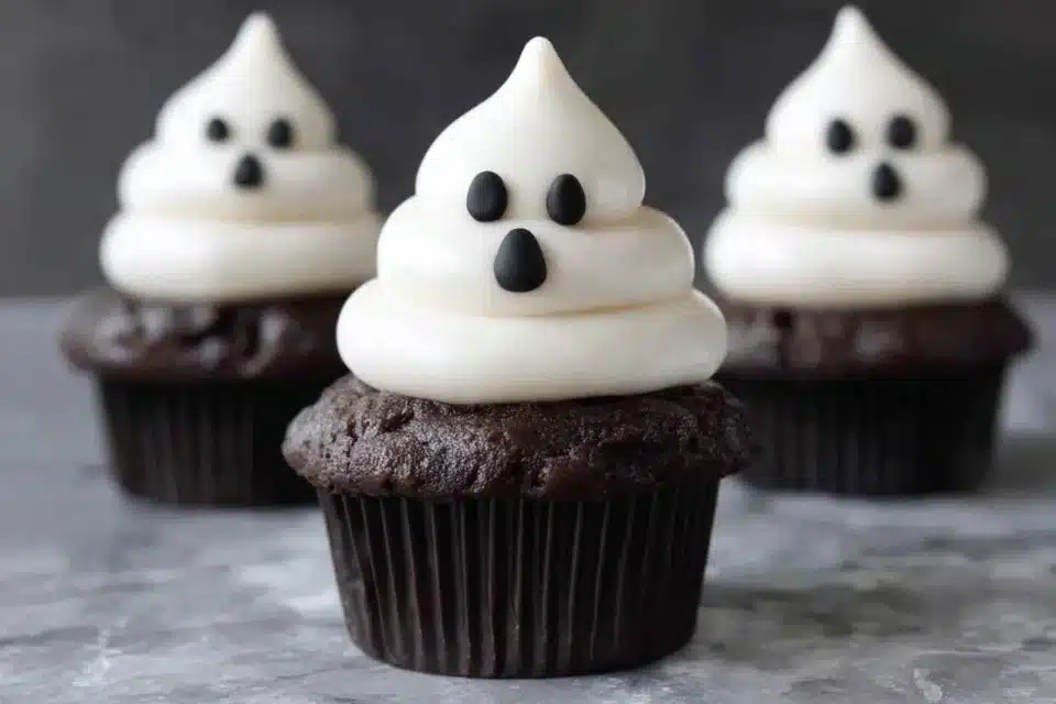 Spooky black velvet ghost cupcakes decorated with white frosting and ghost designs