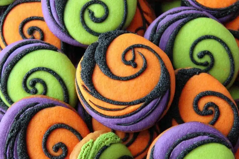 Spooky Halloween Pinwheel Sugar Cookies 4 Spooky Halloween pinwheel sugar cookies decorated for Halloween