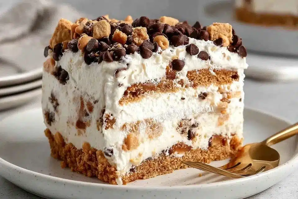 A delicious Vegan Cannoli Cake presented on a rustic wooden table.