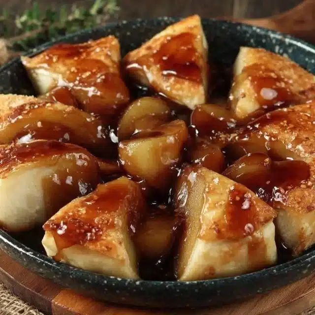 Warm cardamom pear bread pudding served in a rustic dish.