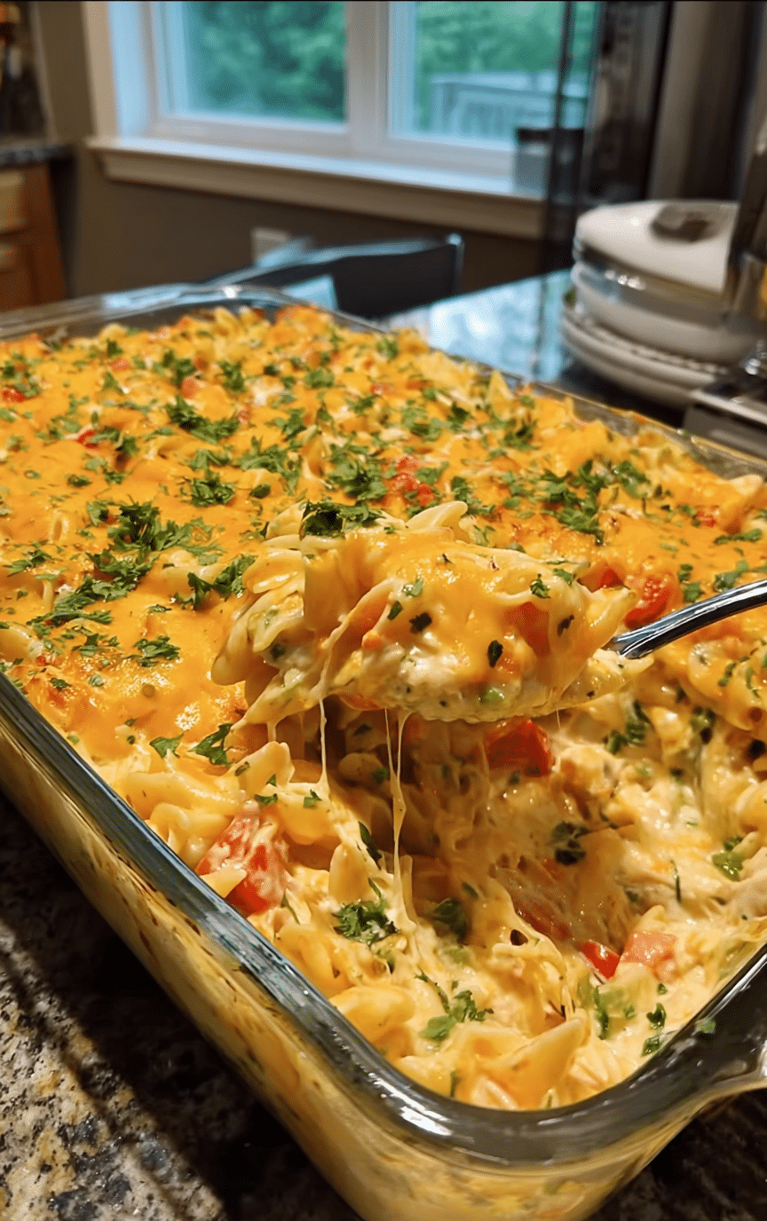 Easy Creamy Rotel Chicken Spaghetti Casserole