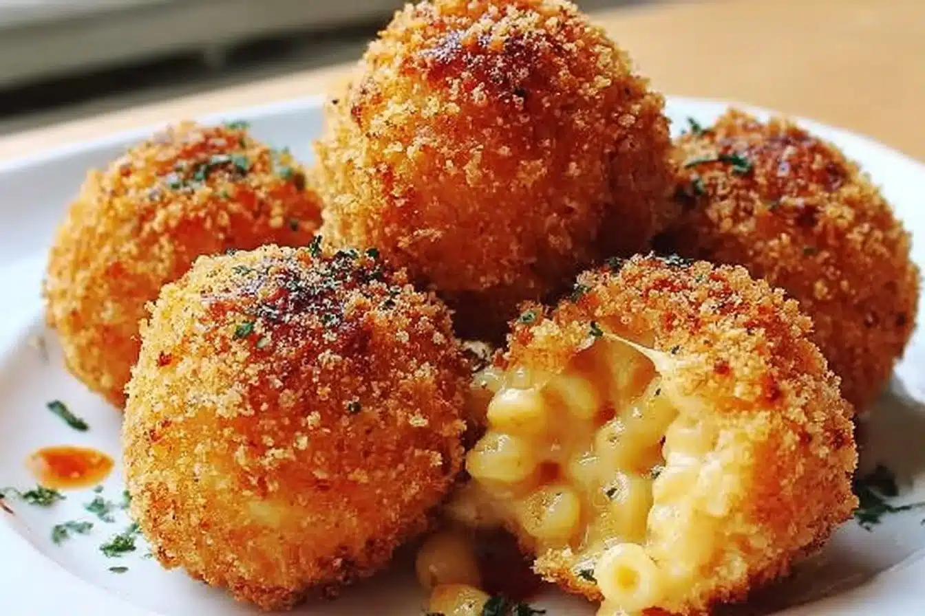 Air Fryer Fried Mac & Cheese Balls 3 Air Fryer Fried Mac & Cheese Balls served on a plate.