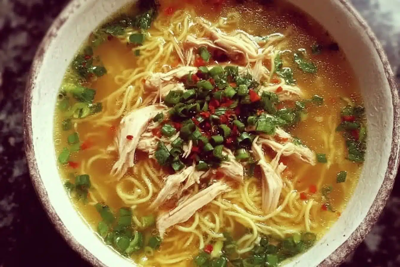A bowl of aromatic Ginger Garlic Chicken Noodle Soup garnished with herbs.