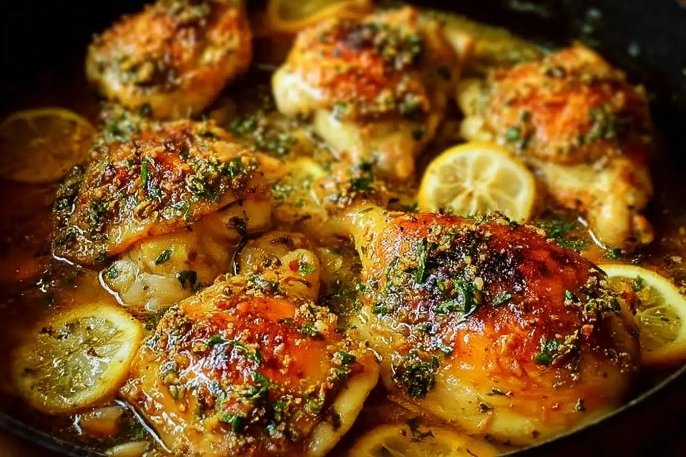 Delicious baked lemon butter chicken served with fresh herbs