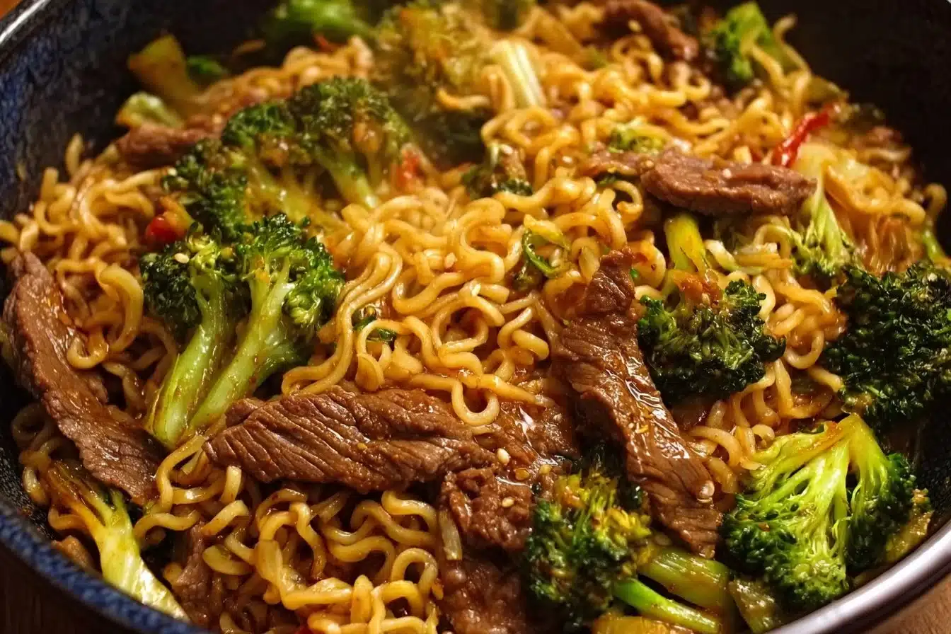 Beef and Broccoli Ramen Stir Fry with vibrant vegetables in a bowl