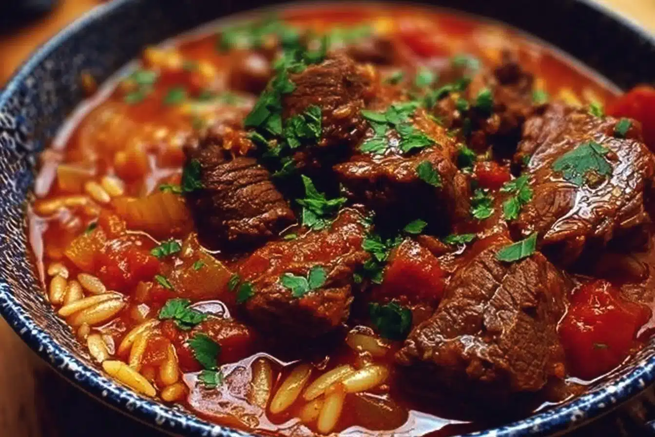 Delicious Beef Giouvetsi, traditional Greek stew served with pasta and garnished.