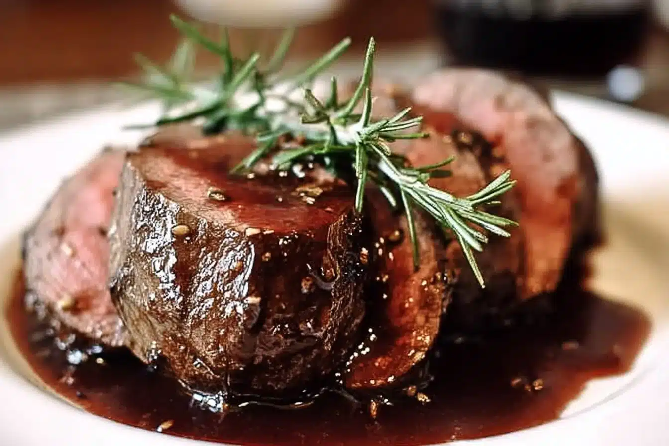 Beef Tenderloin with Red Wine Sauce 3 Juicy beef tenderloin served with a rich red wine sauce garnished with herbs