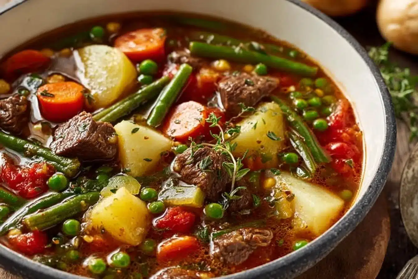 A bowl of hearty beef vegetable soup filled with fresh vegetables and tender beef chunks.