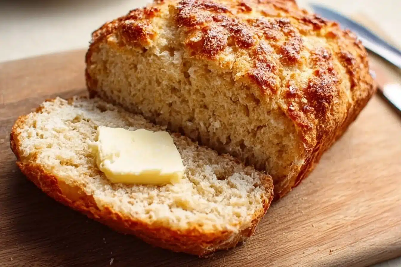 Best Beer Bread 3 Loaf of freshly baked beer bread on a wooden cutting board