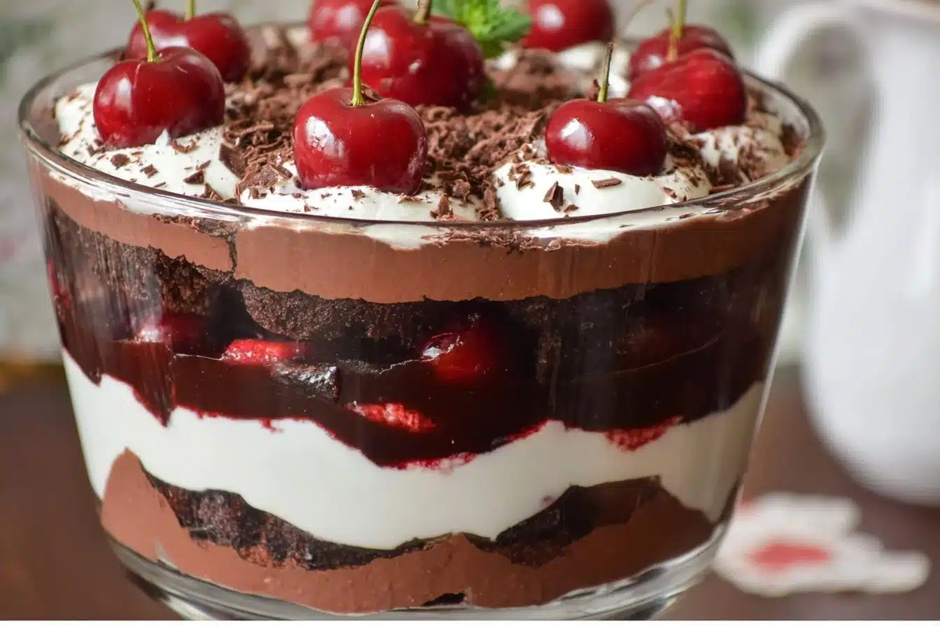 Black Forest Chocolate Cake Trifle 2 Chocolate Black Forest Cake trifle with cherries and whipped cream
