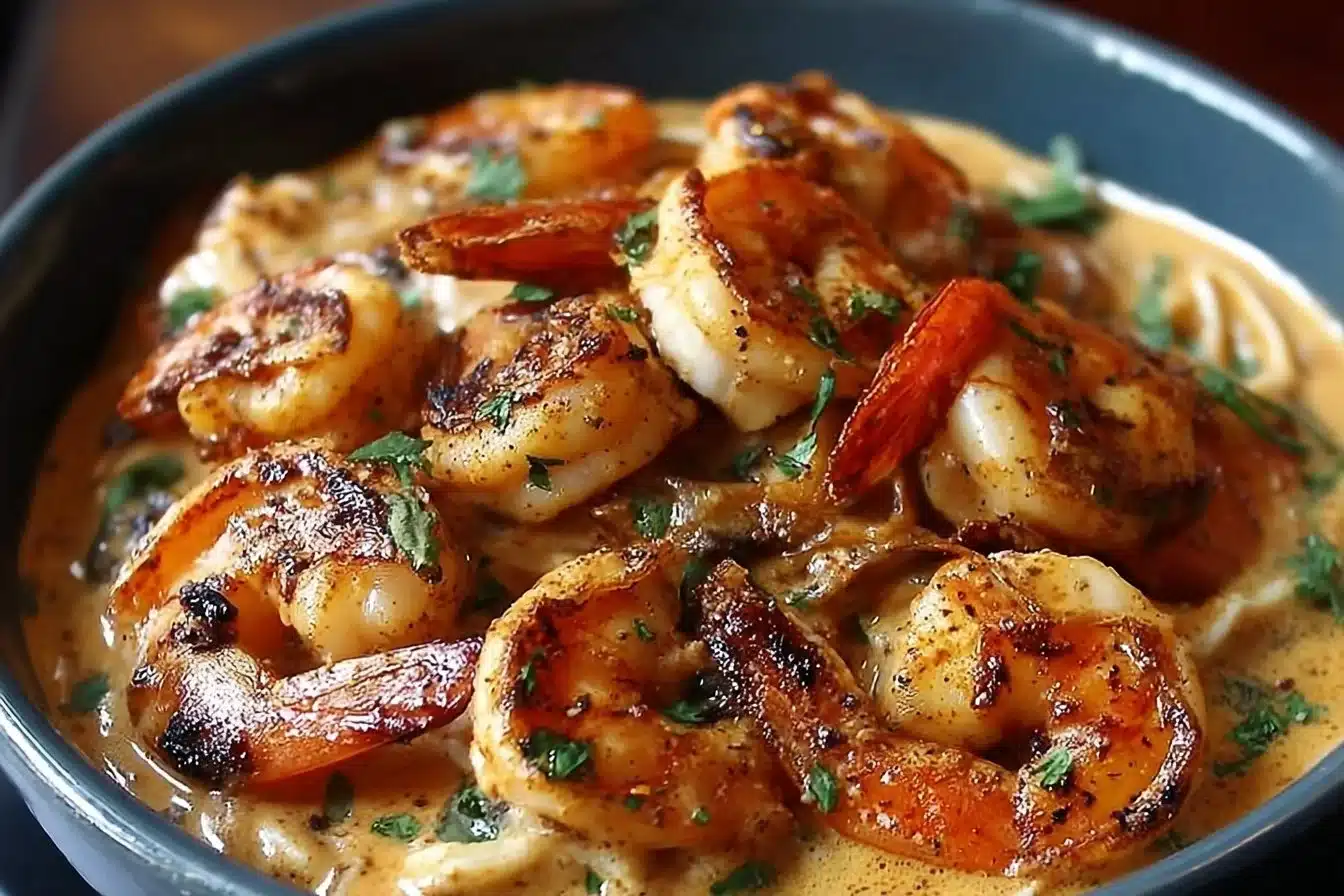 Plate of Blackened Shrimp Stroganoff with creamy sauce and pasta.
