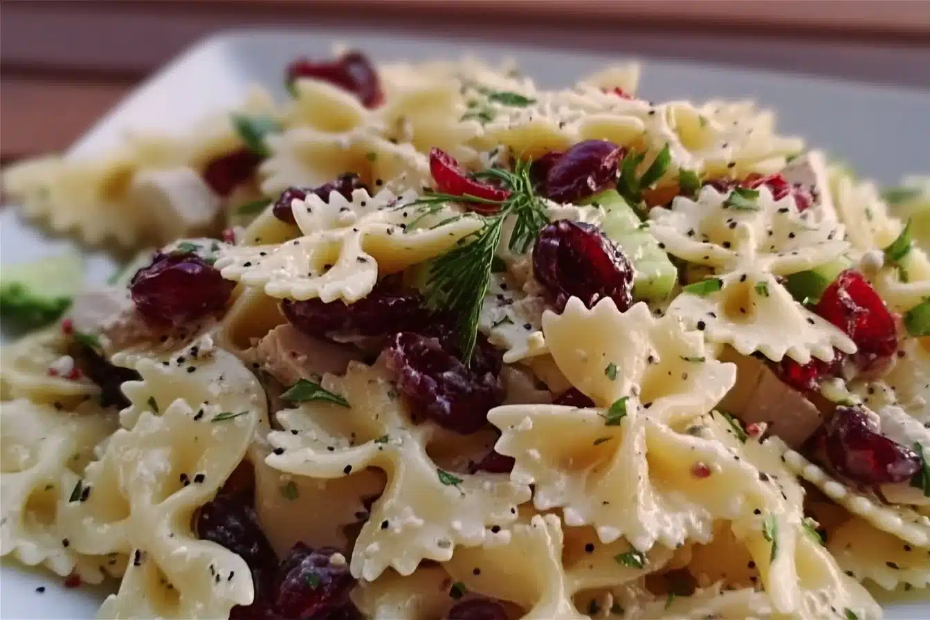 Delicious Bow-Tie Cranberry Pasta Salad served in a bowl with fresh ingredients