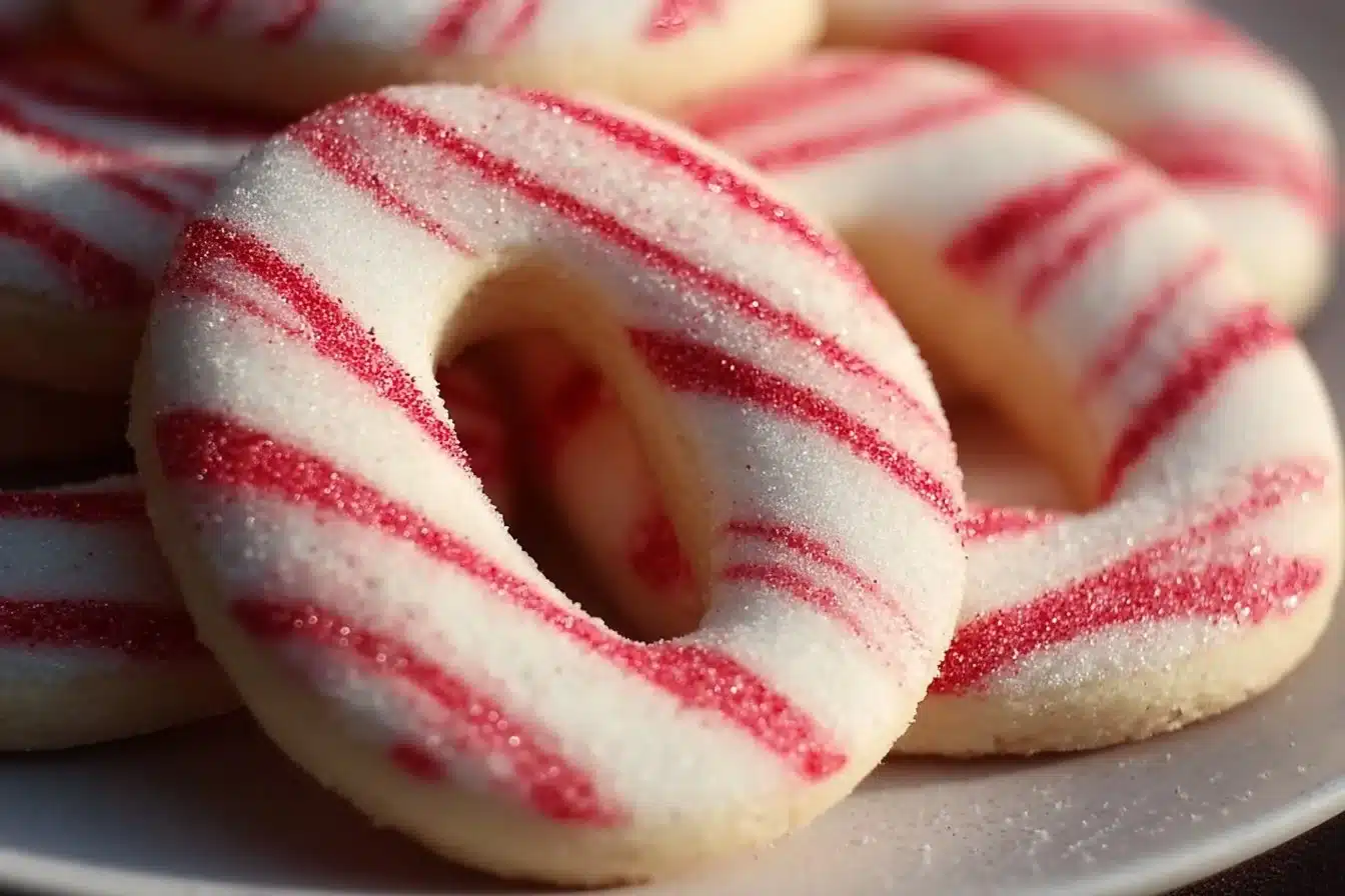 Freshly baked Candy Cane Cookies decorated with red and white stripes