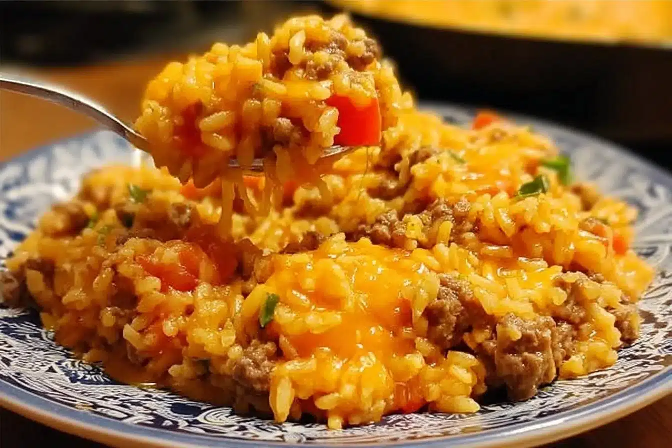 Cheesy Queso Beef and Rice Skillet Dinner ready to serve