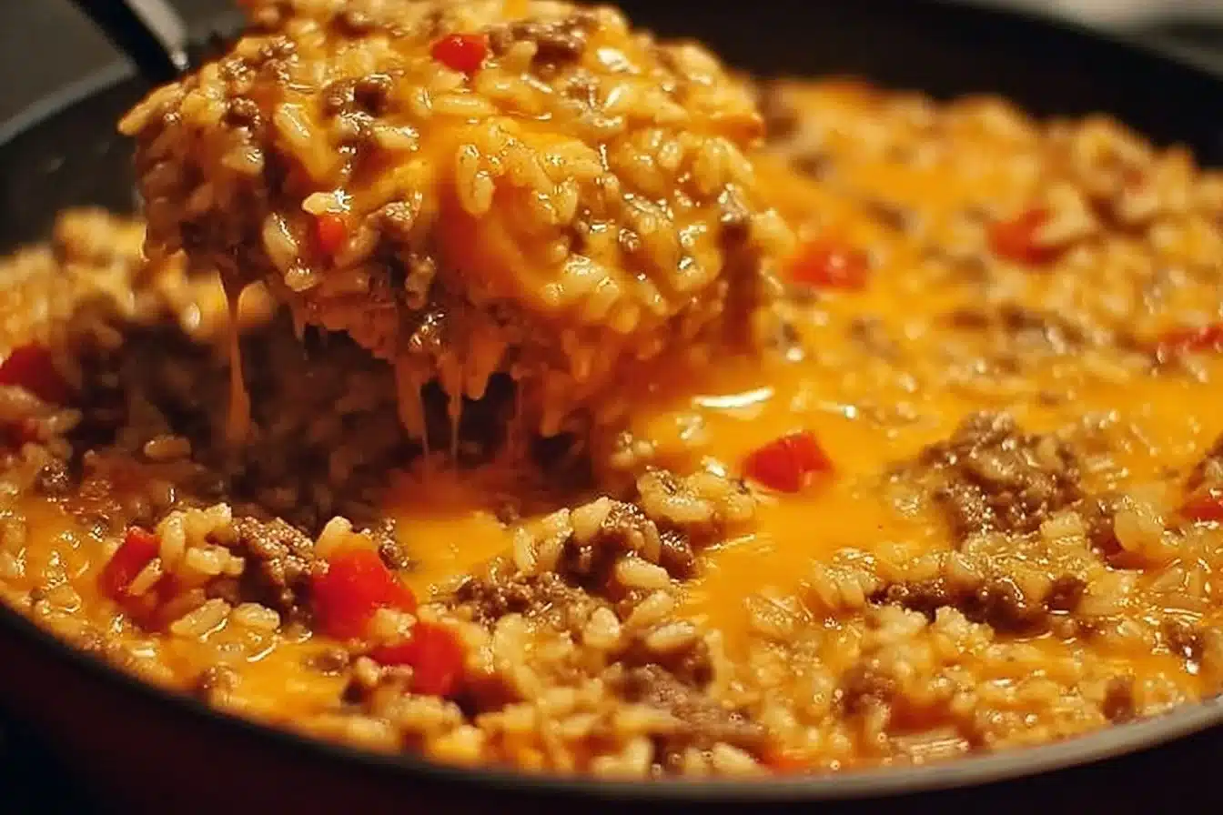 Cheesy Queso Beef and Rice Skillet Dinner served in a pan
