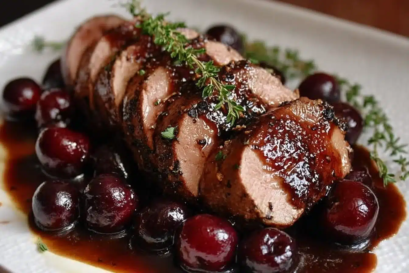 Cherry Balsamic Pork Tenderloin 3 Cherry Balsamic Pork Tenderloin served on a plate with fresh herbs