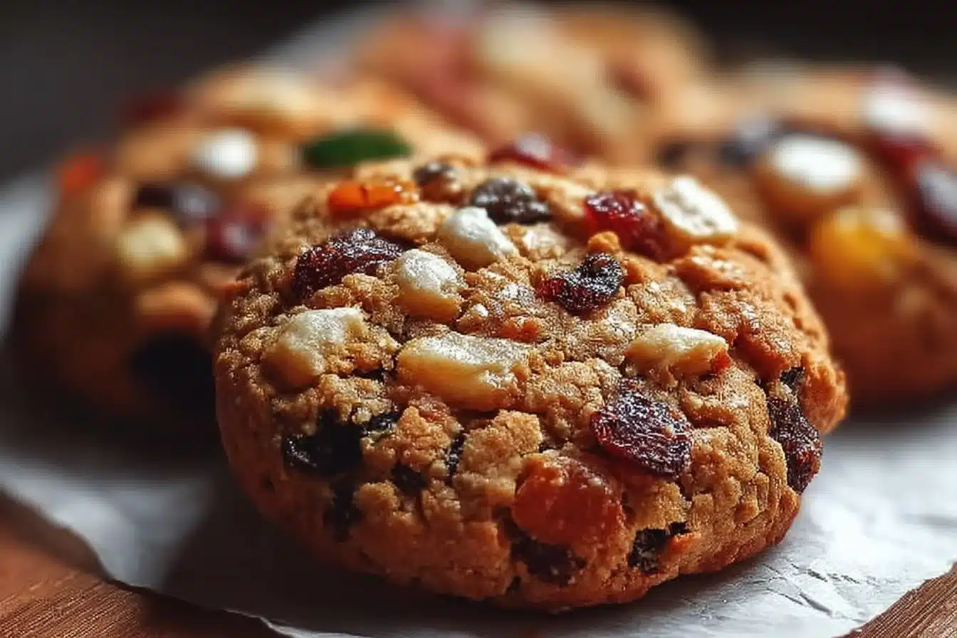 Chewy fruitcake cookies with dried fruits and nuts, festive treat for the holidays