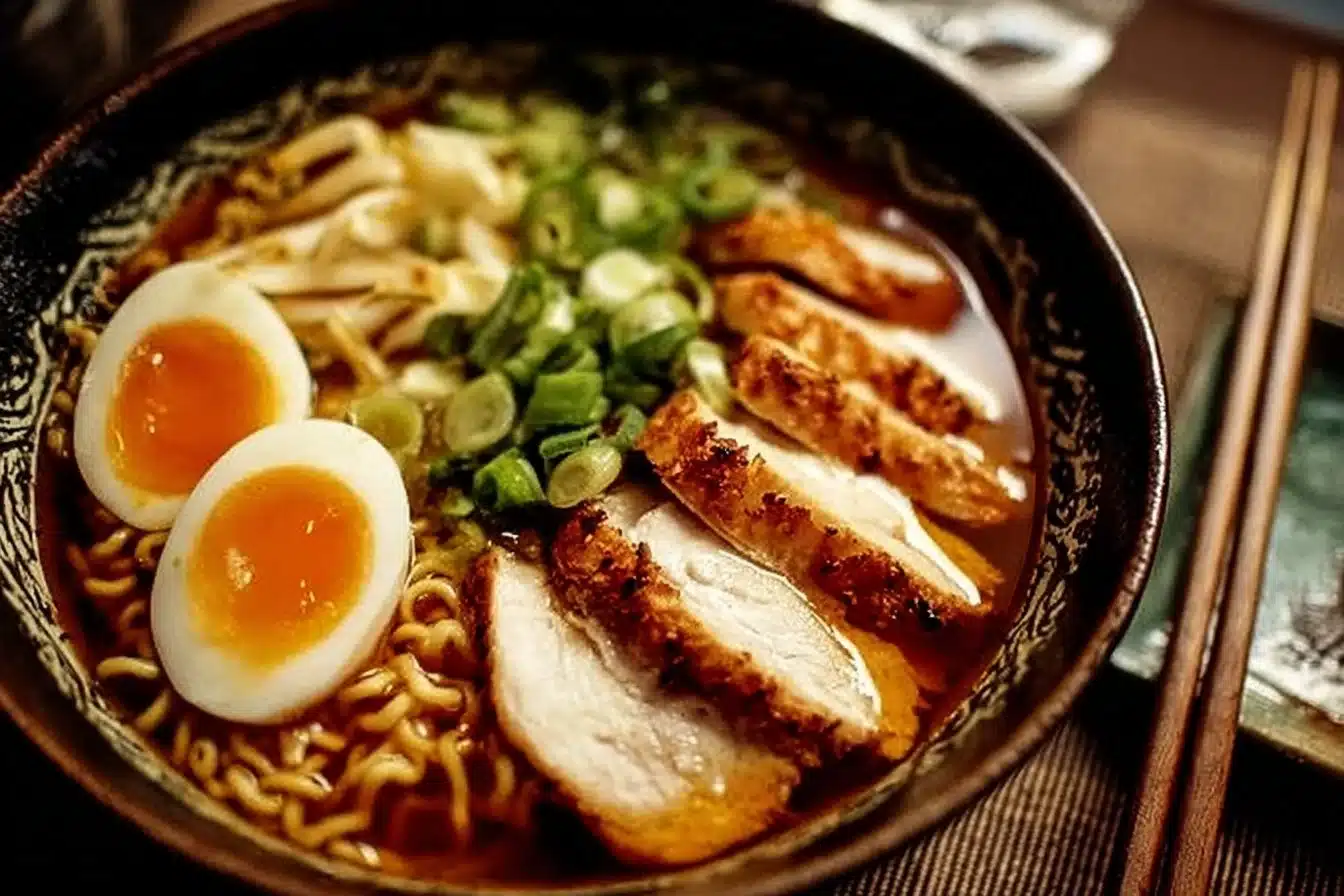 Bowl of delicious Chicken Ramen topped with fresh herbs and vegetables