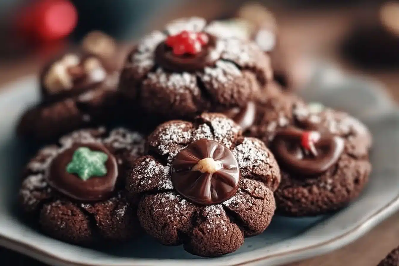 Chocolate Blossom Christmas Cookies 3 Chocolate Blossom Christmas Cookies on a festive plate