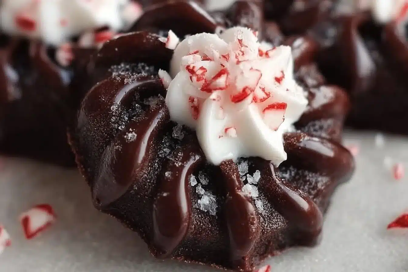 Chocolate Peppermint Blossoms 3 Delicious Chocolate Peppermint Blossoms cookies on a festive plate