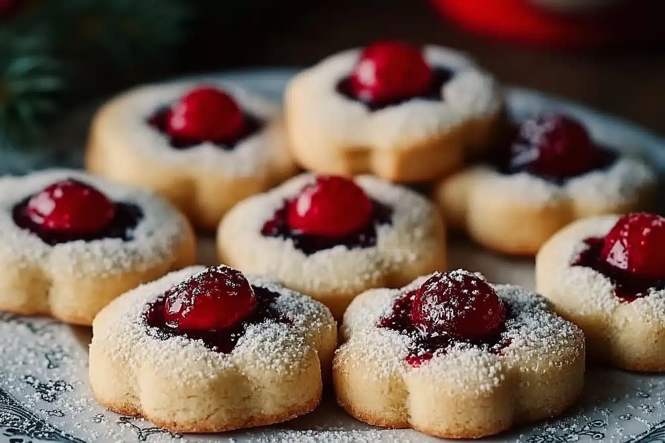 Christmas Cherry Shortbread Cookies 2 Delicious Christmas cherry shortbread cookies on a festive plate