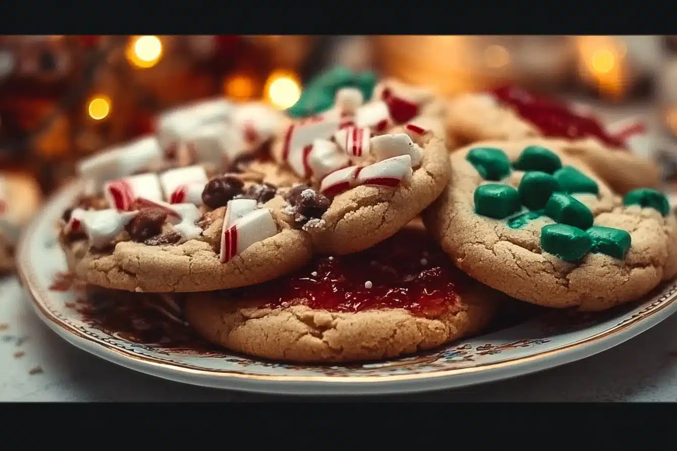 Baked Christmas Kitchen Sink Cookies with festive decorations and mixed toppings.