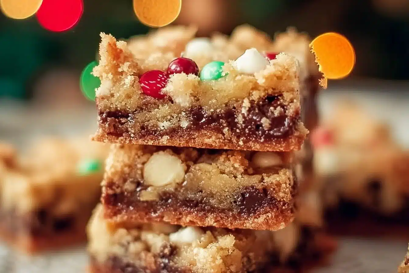 Delicious Christmas Magic Cookie Bars topped with chocolate and nuts