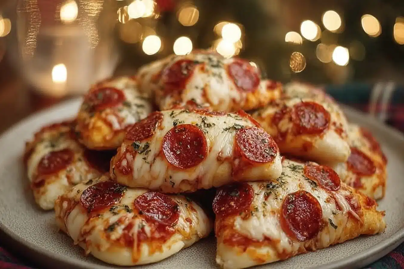 Plate of festive Christmas pizza bites topped with ingredients and herbs.