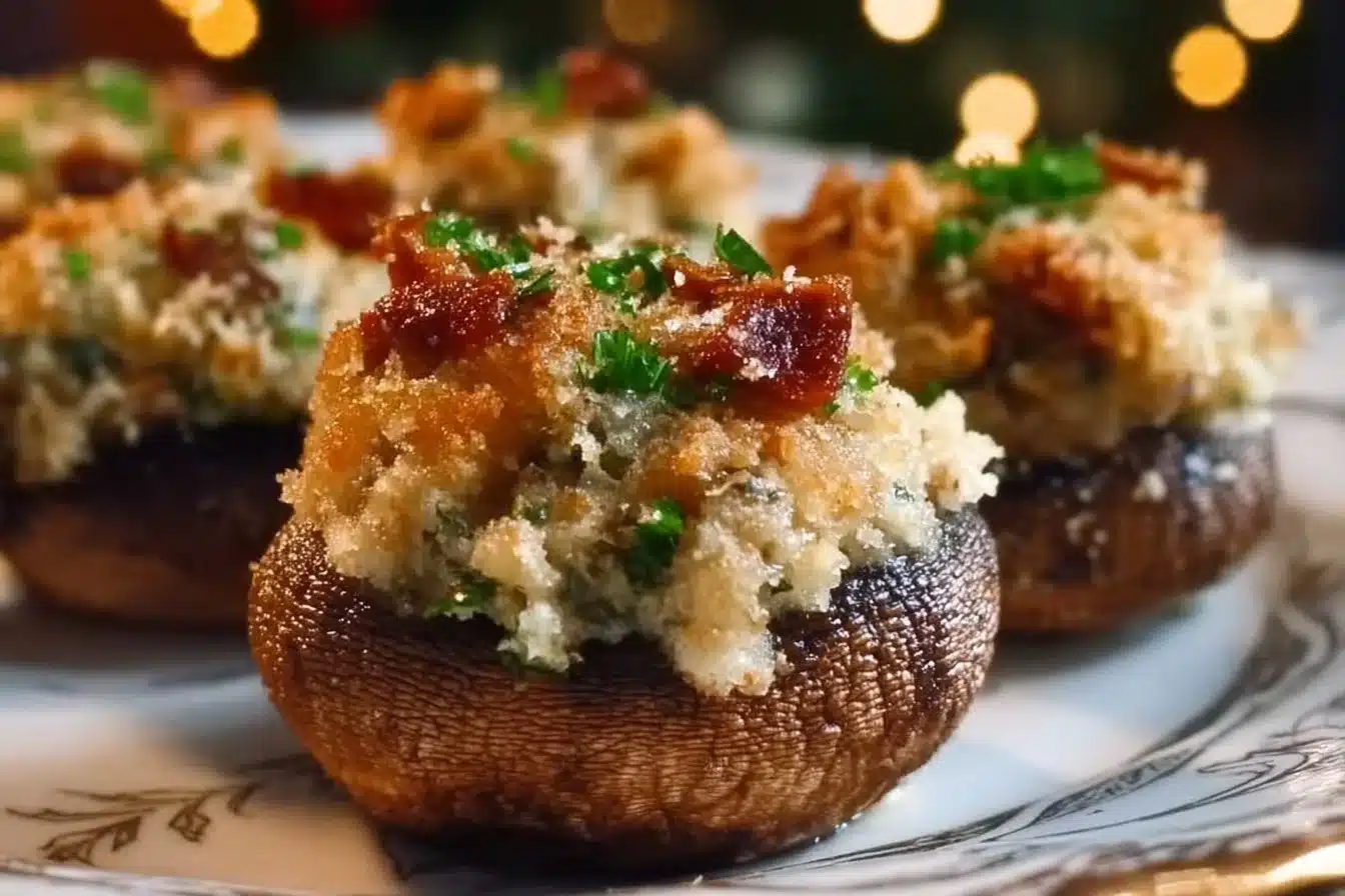 Delicious Christmas stuffed mushrooms served on a festive platter