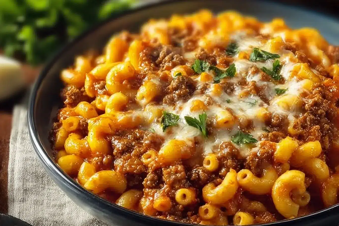 A delicious serving of Classic Beefaroni Casserole topped with melted cheese.