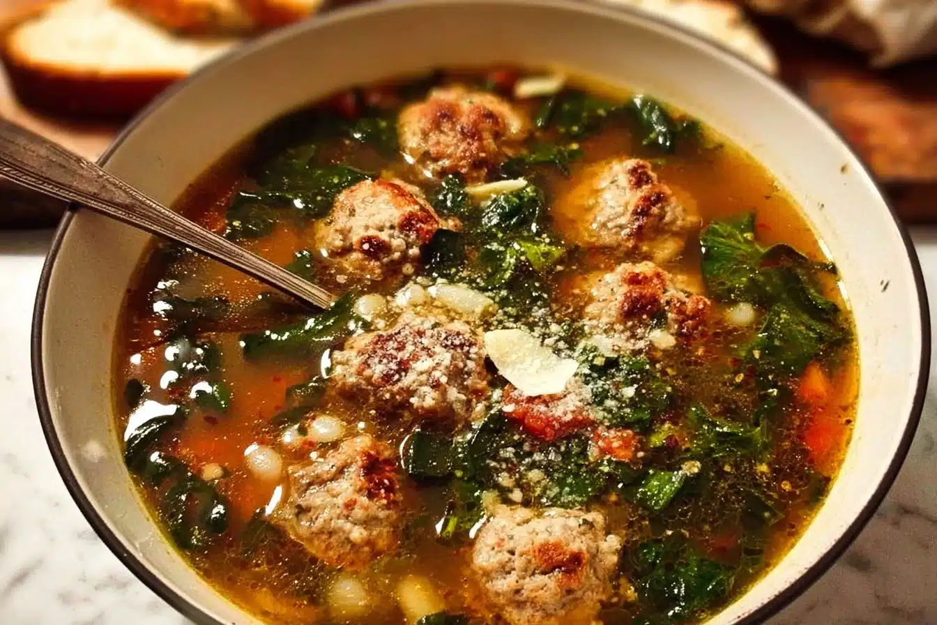 A bowl of Classic Italian Wedding Soup with meatballs and spinach