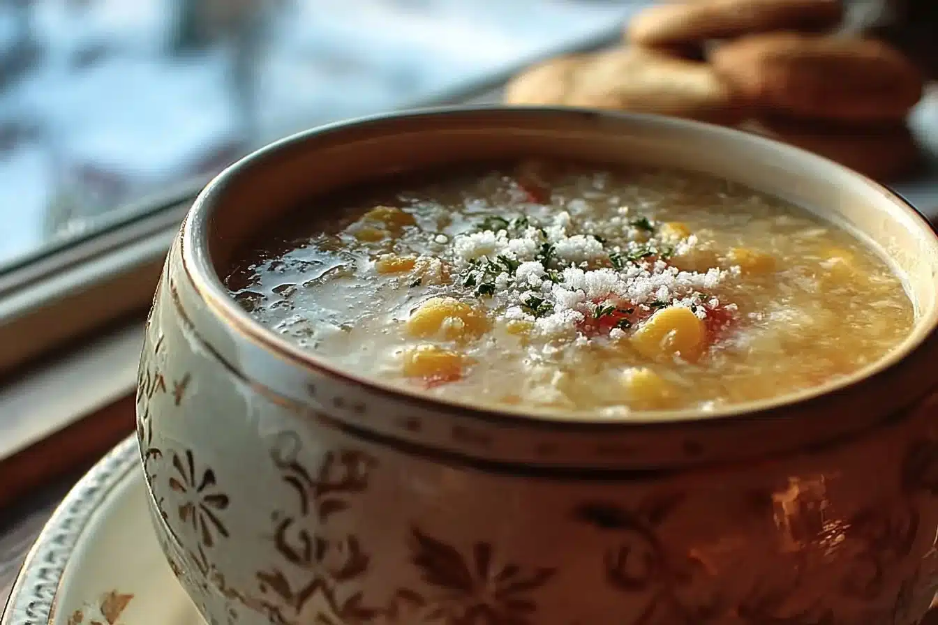 Bowl of Cozy Amish Snow Day Soup with fresh ingredients and herbs.