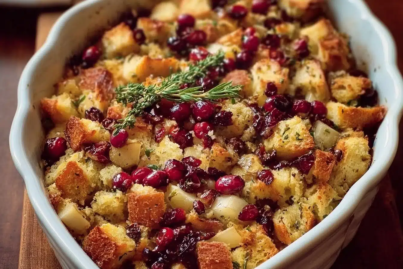 Cranberry Apple Stuffing 3 Bowl of delicious cranberry apple stuffing ready for a festive meal