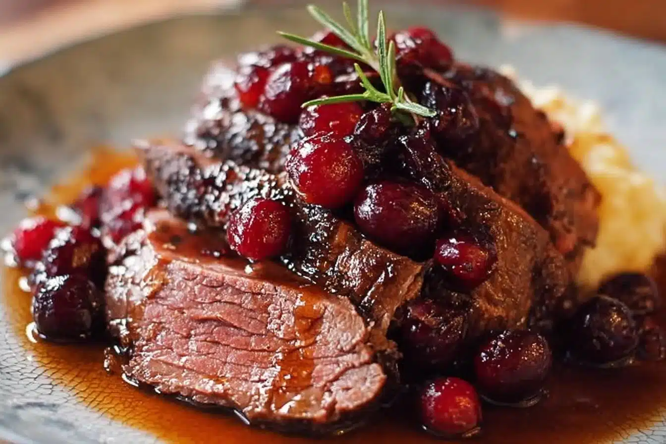 Cranberry-Balsamic Roast Beef served with side dishes on a wooden table.