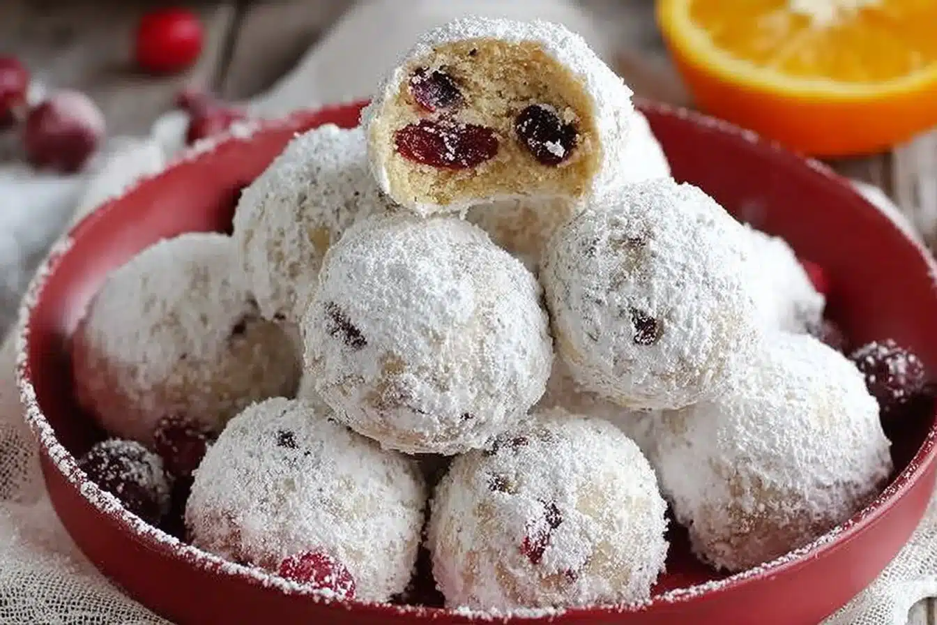 Cranberry Orange Snowball Cookies on a festive plate