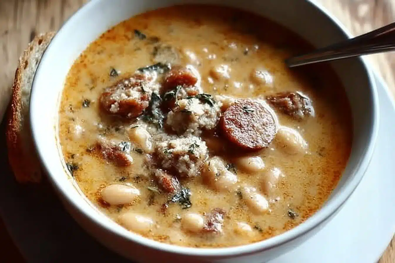 Creamy bean soup with sausage in a bowl, garnished with herbs.