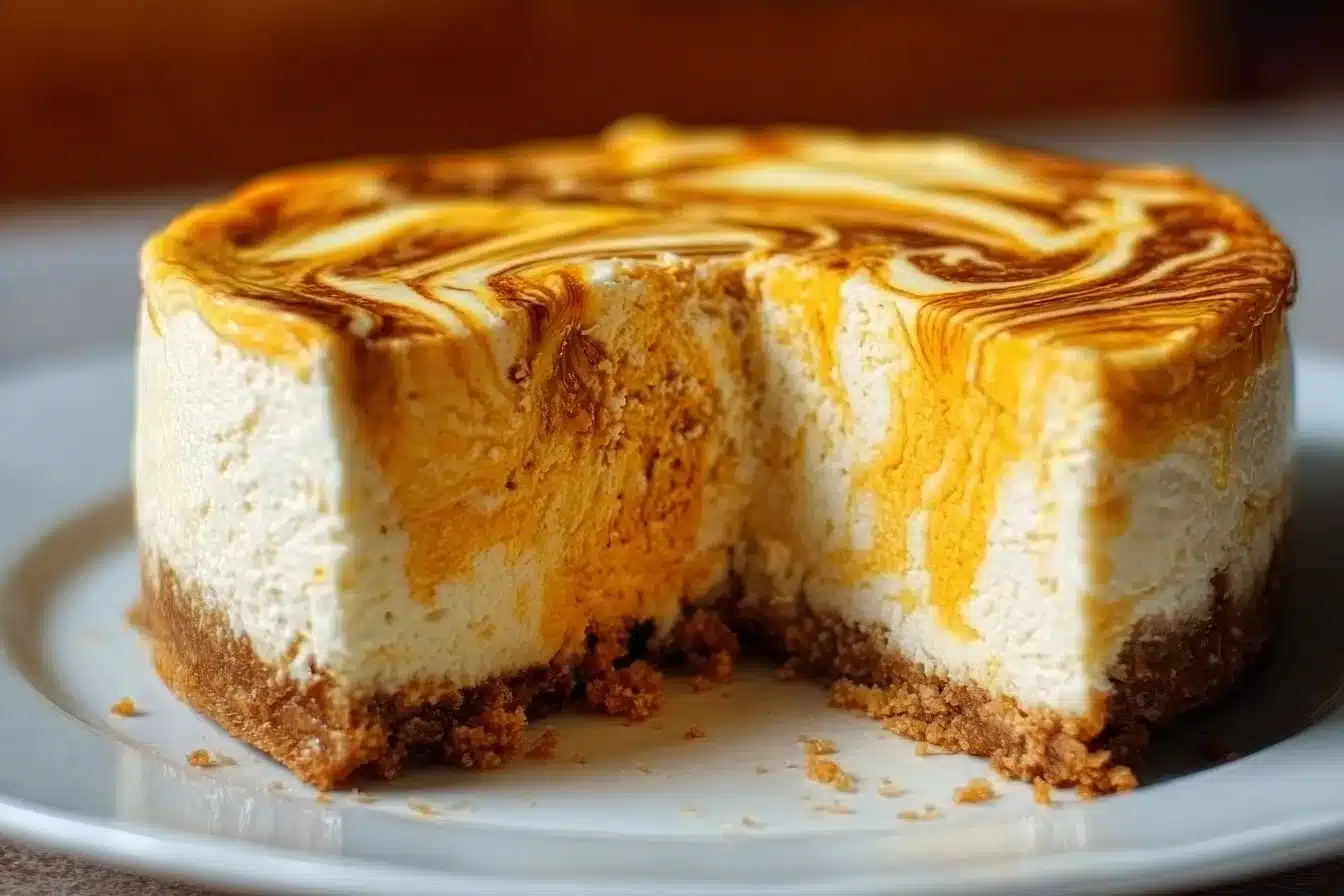 Creamy Cheesecake with Pumpkin Swirl 3 Creamy cheesecake with pumpkin swirl topping on a dessert plate