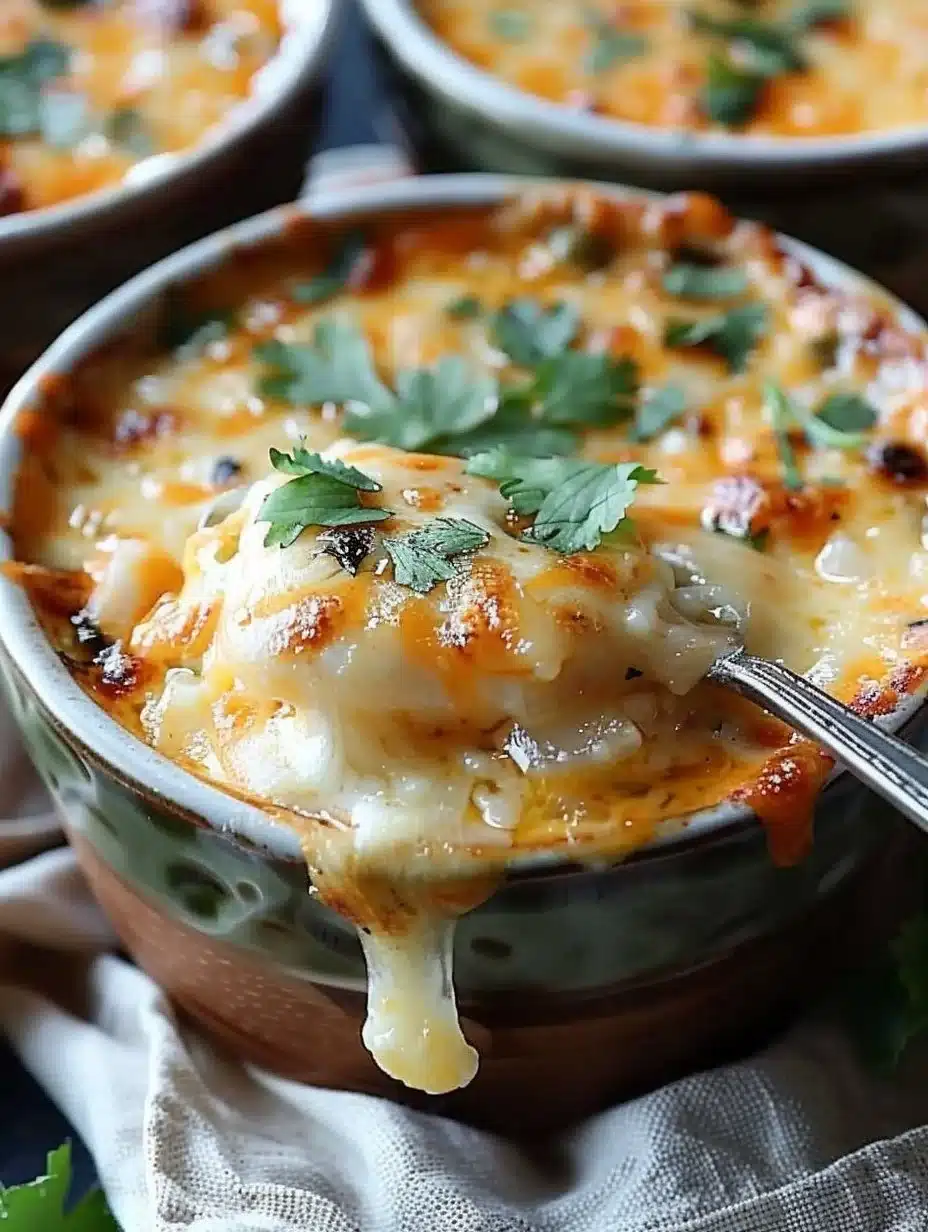 Bowl of creamy Chile Relleno soup garnished with fresh herbs and cheese