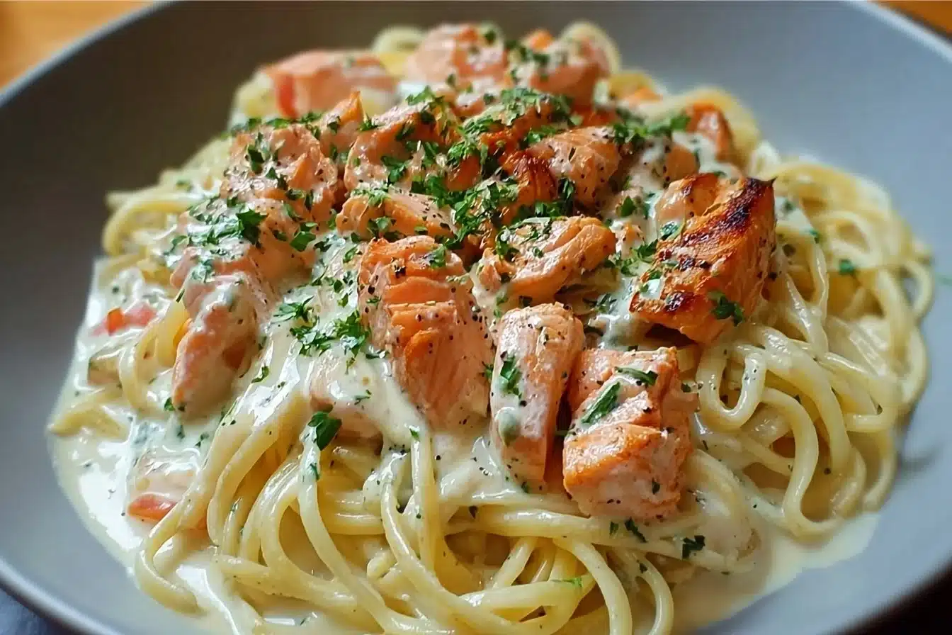 Delicious creamy garlic salmon pasta dish with herbs and parmesan