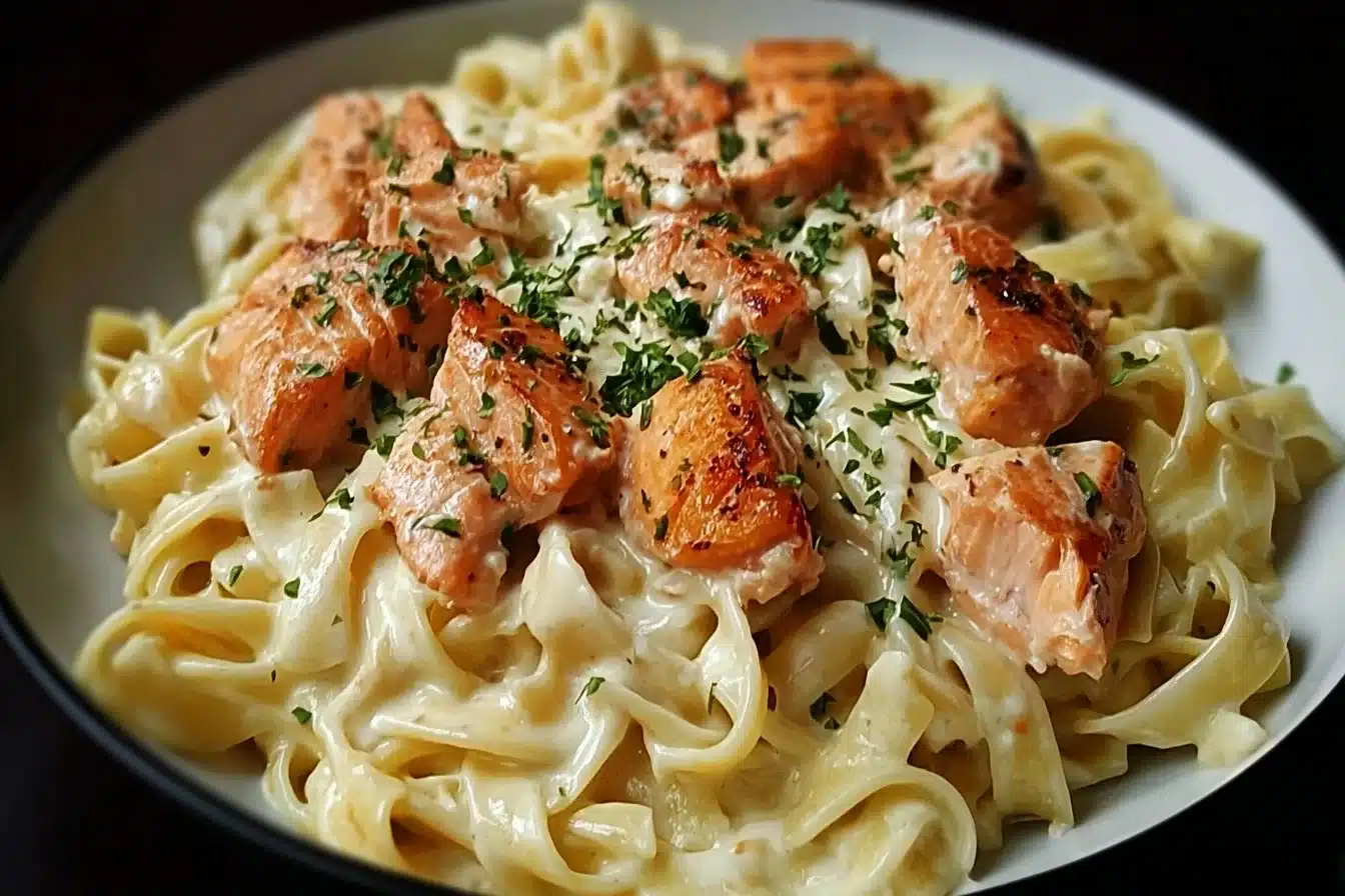 Creamy Garlic Salmon Pasta 3 Creamy garlic salmon pasta served on a plate with herbs and lemon garnishing.