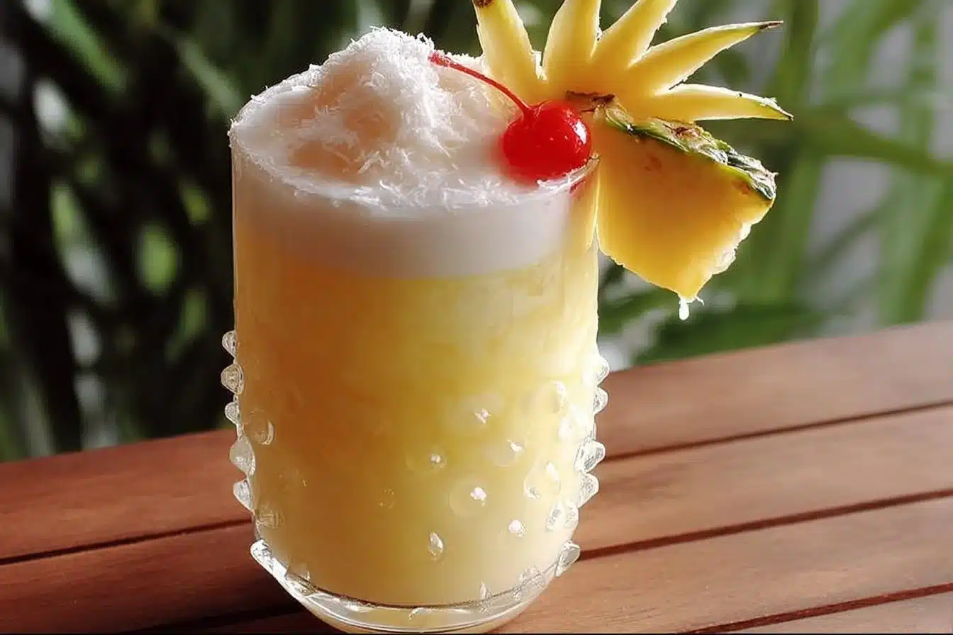 Creamy Non-Alcoholic Piña Colada Punch in a tropical setting